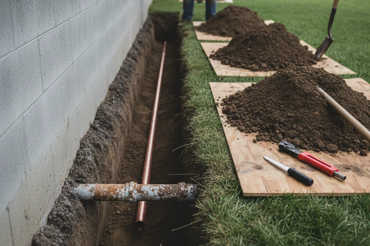 Excavated water line trench during Water Softener Installation in Brunswick